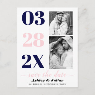 Modern navy blue, pink two photo Save the Date Postcard