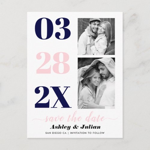 Modern navy blue pink two photo Save the Date Postcard