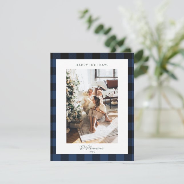 Modern Navy Blue Plaid Rustic Photo Christmas Holiday Card (Standing Front)