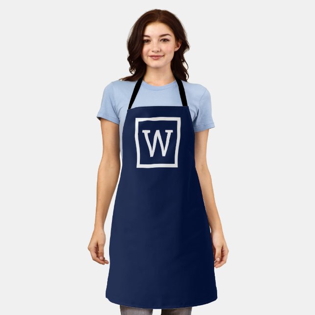 Modern Navy Blue Preppy Graphic Border Monogram Apron (Worn)