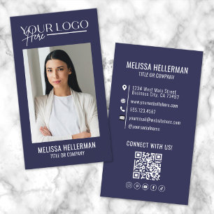 Modern Navy Blue Professional QR Code Photo Logo Business Card