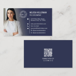 Modern Navy Blue Professional QR Code Photo Logo Business Card