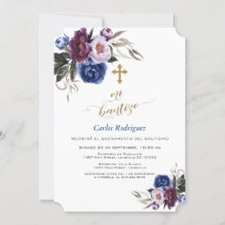 Modern Navy Blue Purple Flowers Boy Mi Bautizo Invitation | Zazzle