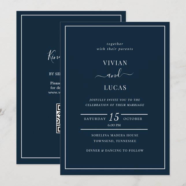 Modern Navy Blue QR Code Minimal Wedding Invitation (Front/Back)
