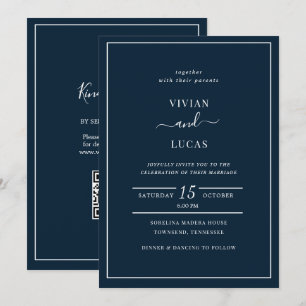 Modern Navy Blue QR Code Minimal Wedding Invitation