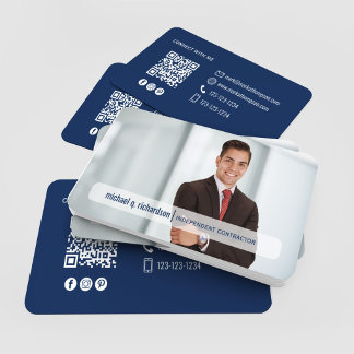 Modern Navy Blue QR Code Photo Networking Business Card