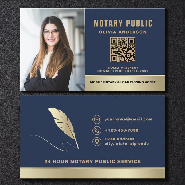 Modern Navy Blue QR Code Photo Notary Public Business Card (Creator Uploaded)