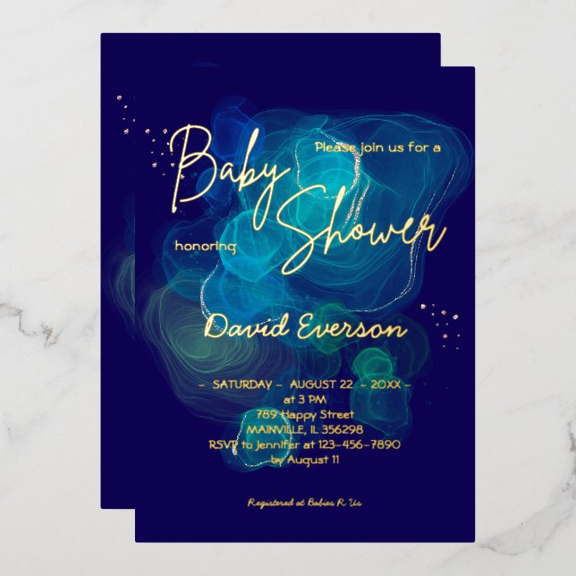 Modern Navy Blue Real gold Foil Invitation (Front/Back)