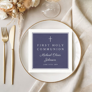 Modern Navy Blue Religious Boy First Communion Napkins