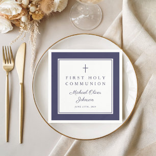 Modern Navy Blue Religious Boy First Communion Napkins