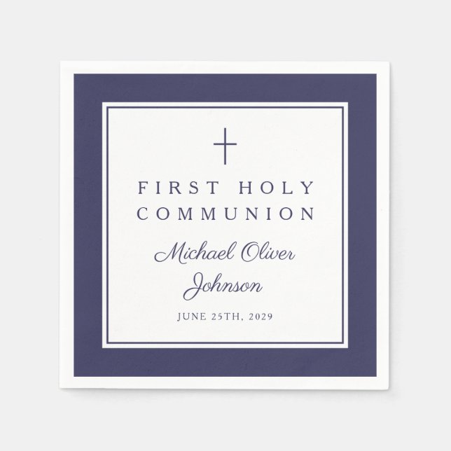 Modern Navy Blue Religious Boy First Communion Napkins (Front)