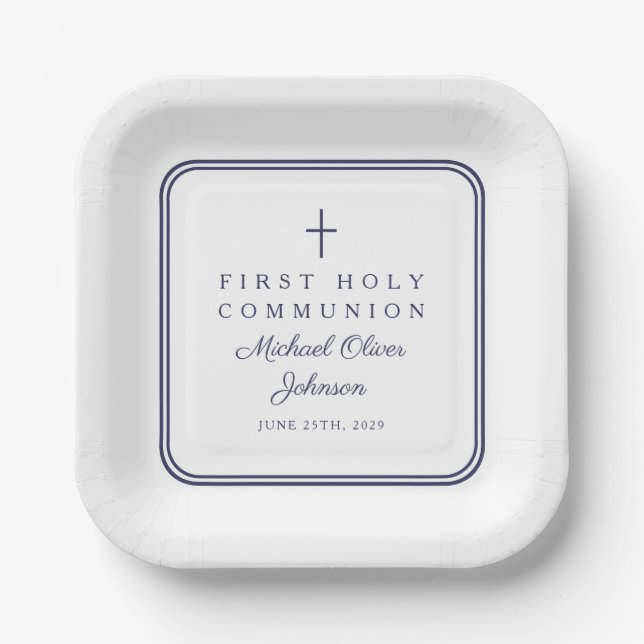Modern Navy Blue Religious Boy First Communion Paper Plates (Front)