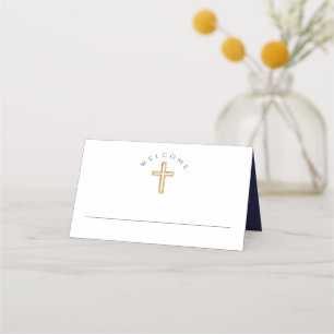 Modern Navy Blue Religious Boy First Communion Place Card