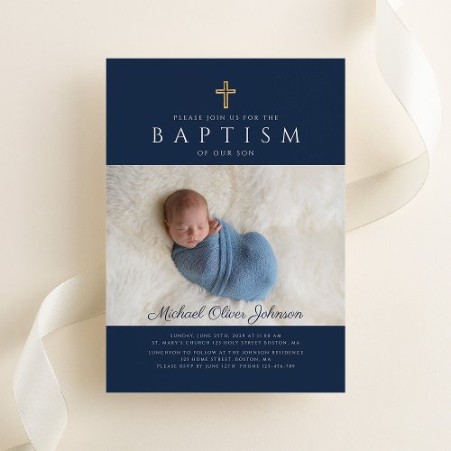 Modern Navy Blue Religious Cross Boy Baptism Photo Invitation