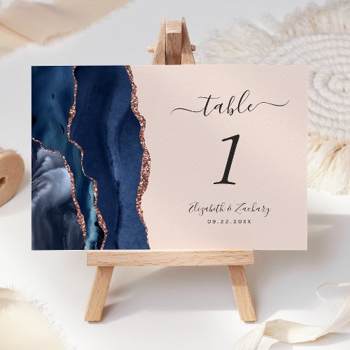 Modern Navy Blue Rose Gold Agate Blush Wedding Table Number