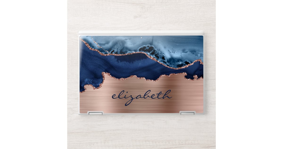 Modern Navy Blue Rose Gold Agate Metallic HP Laptop Skin | Zazzle