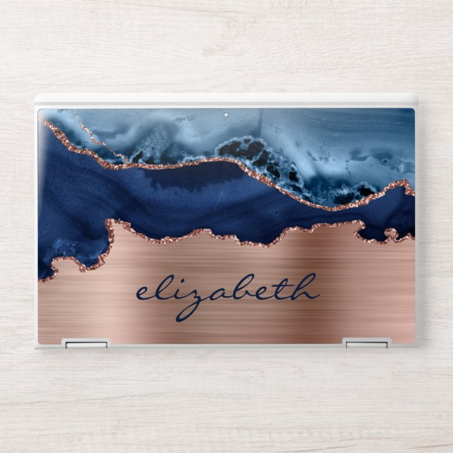 Modern Navy Blue Rose Gold Agate Metallic HP Laptop Skin (Front)