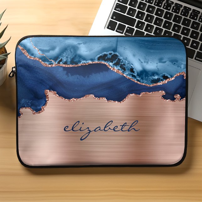 Modern Navy Blue Rose Gold Agate Metallic Laptop Sleeve (Creator Uploaded)