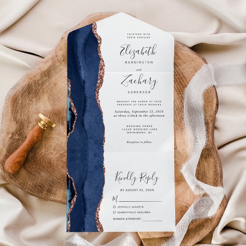 Modern Navy Blue Rose Gold Agate Wedding All In One Invitation