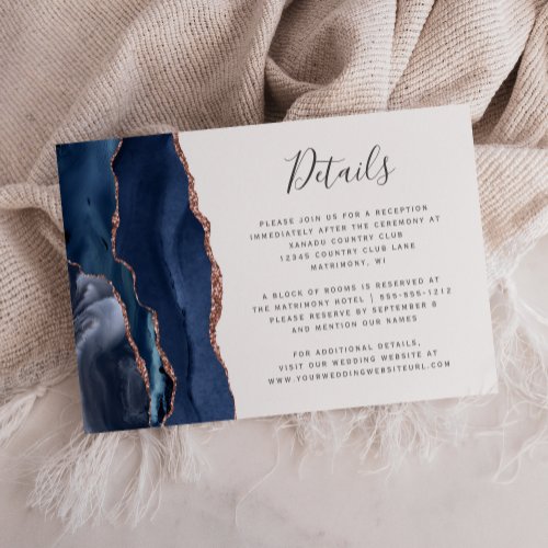 Modern Navy Blue Rose Gold Agate Wedding Details Enclosure Card