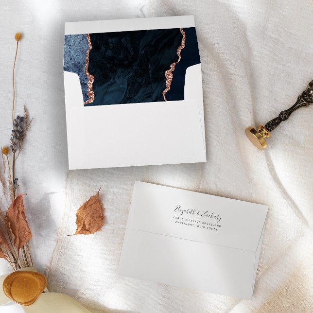 Modern Navy Blue Rose Gold Agate Wedding Envelope (Creator Uploaded)