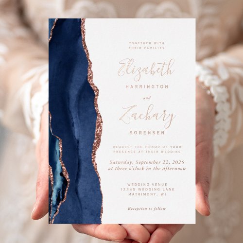 Modern Navy Blue Rose Gold Agate Wedding Foil Invitation