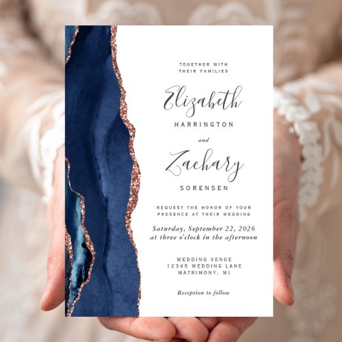 Modern Navy Blue Rose Gold Agate Wedding Invitation