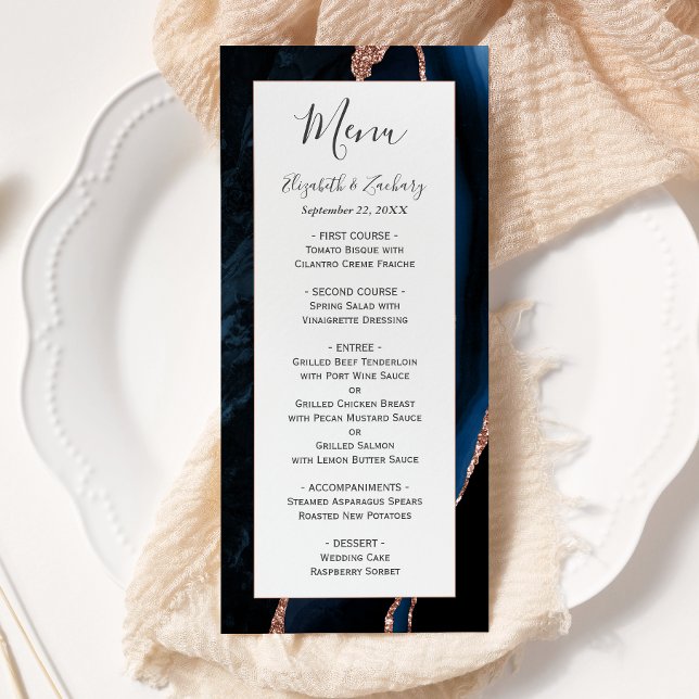 Modern Navy Blue Rose Gold Agate Wedding Menu (Creator Uploaded)