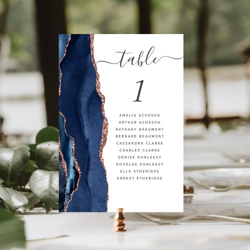 Modern Navy Blue Rose Gold Agate Wedding Table Number