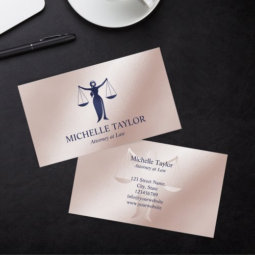 Modern Navy Blue Rose Gold Attorney Lawyer Business Card