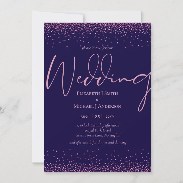 Modern Navy Blue Rose Gold Confetti Wedding (Front)