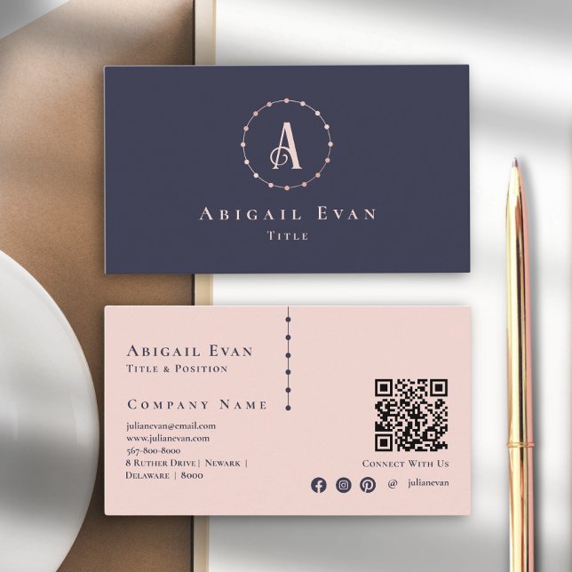 Modern Navy Blue Rose Gold Elegant Monogram Business Card (Creator Uploaded)