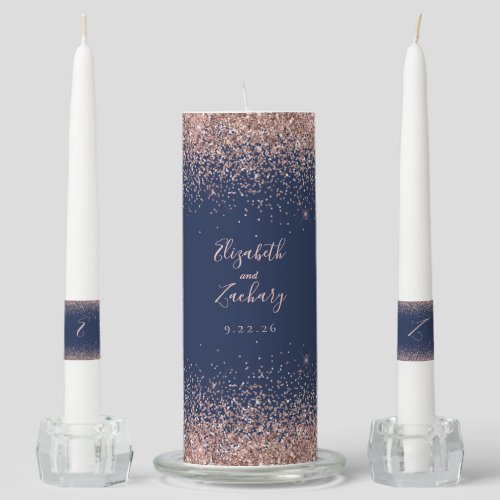 Modern Navy Blue Rose Gold Faux Glitter Edge Unity Candle Set