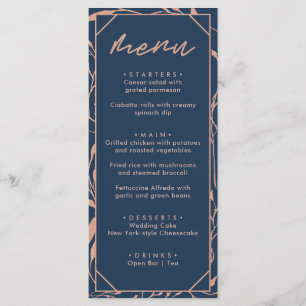 Modern Navy Blue & Rose Gold Floral Wedding Menu