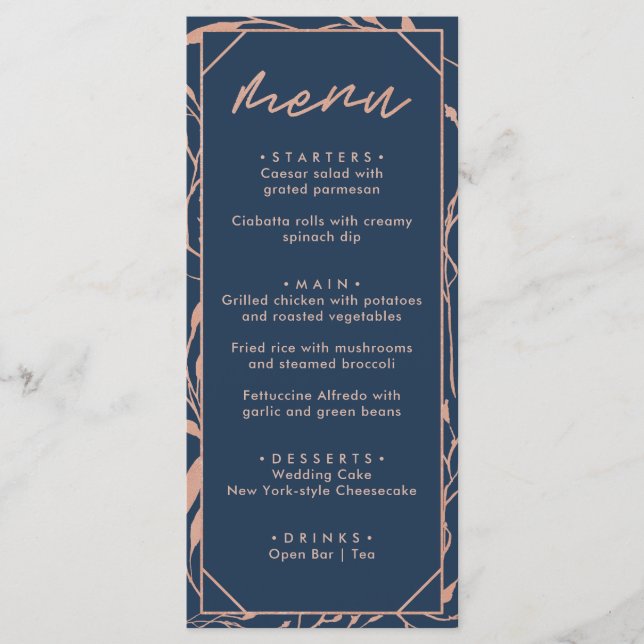 Modern Navy Blue & Rose Gold Floral Wedding Menu (Front)