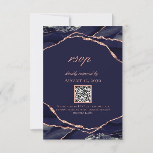 Modern Navy Blue Rose Gold Foil Agate Wedding RSVP Card