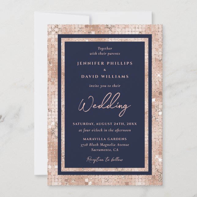 Modern Navy Blue Rose Gold Foil Glitter Wedding Invitation (Front)