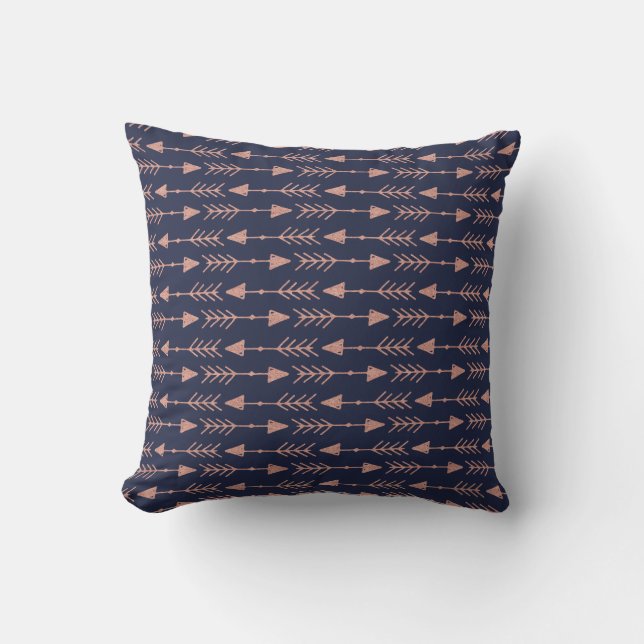 Modern Navy Blue Rose Gold Foil Tribal Arrows Throw Pillow (Front)