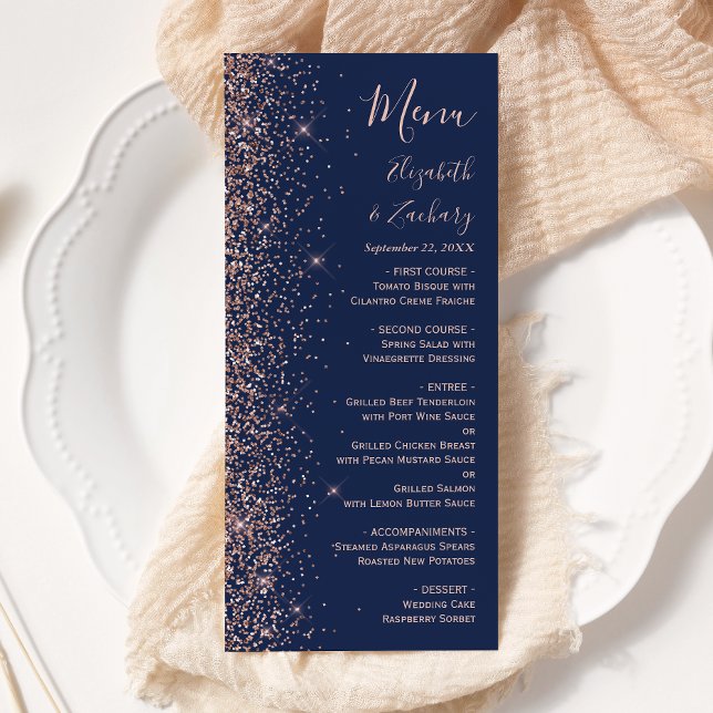 Modern Navy Blue Rose Gold Glitter Edge Wedding Menu (Creator Uploaded)