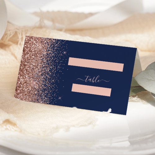 Modern Navy Blue Rose Gold Glitter Edge Wedding Place Card