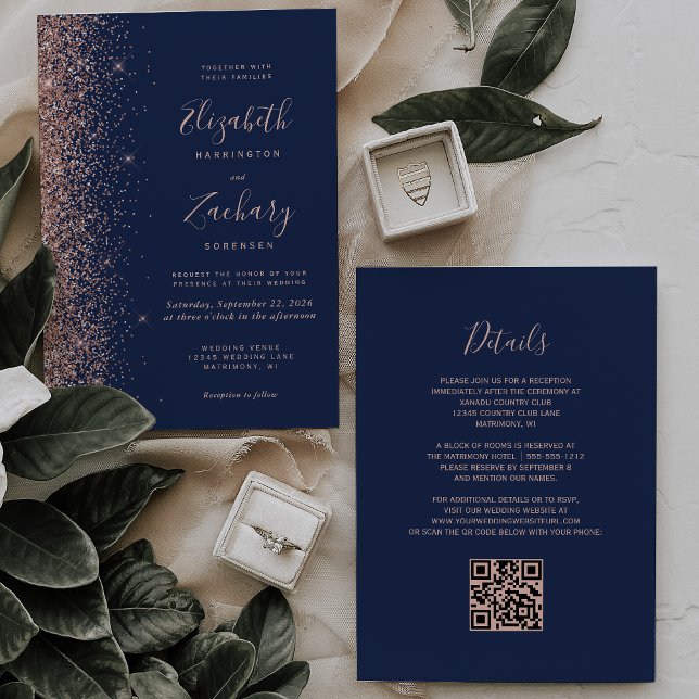 Modern Navy Blue Rose Gold Glitter QR Code Wedding Invitation (Creator Uploaded)