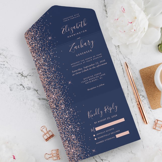 Modern Navy Blue Rose Gold Glitter Wedding All In One Invitation (Creator Uploaded)