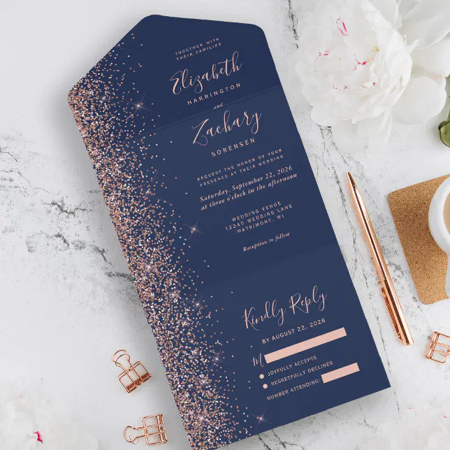 Modern Navy Blue Rose Gold Glitter Wedding All In One Invitation | Zazzle