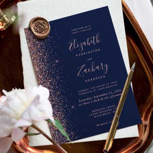 Modern Navy Blue Rose Gold Glitter Wedding Invitation