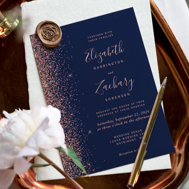 Modern Navy Blue Rose Gold Glitter Wedding Invitation | Zazzle