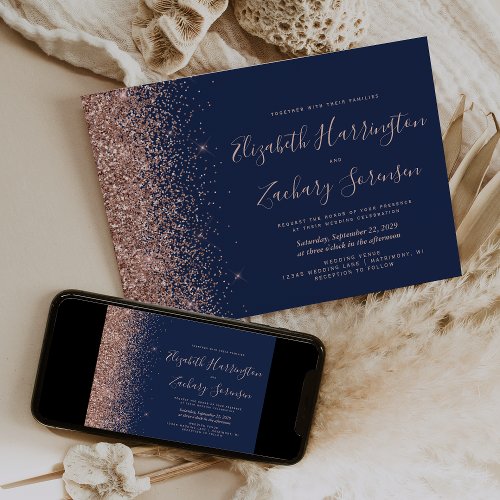 Modern Navy Blue Rose Gold Glitter Wedding Invitation