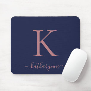 Modern Navy Blue Rose Gold Monogram Script Mouse Pad