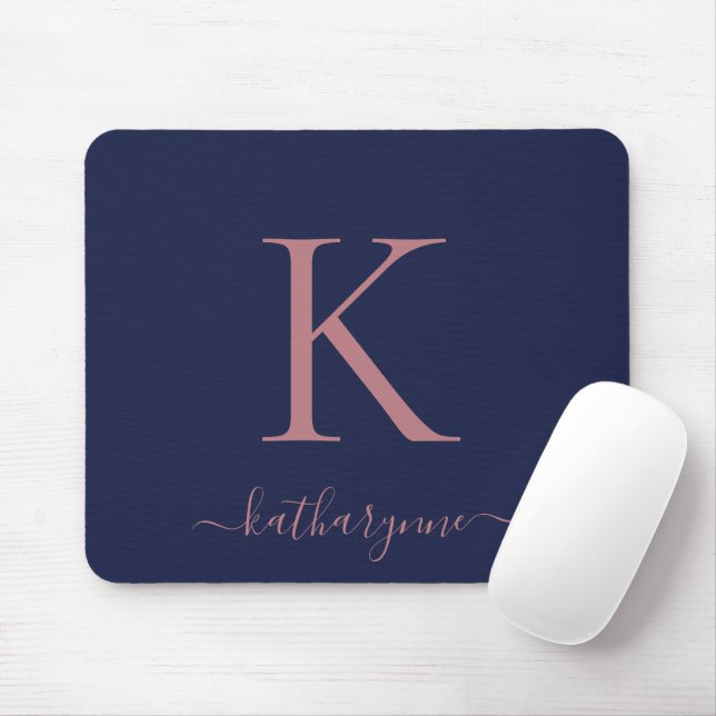 Modern Navy Blue Rose Gold Monogram Script Mouse Pad (With Mouse)