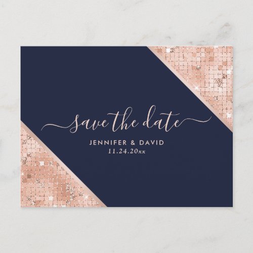 Modern Navy Blue Rose Gold Wedding Save The Date Announcement Postcard