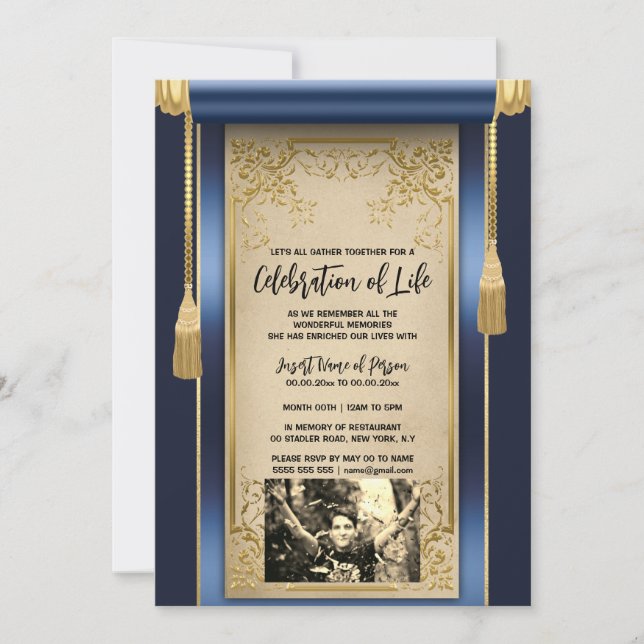 Modern navy blue satin scroll tassels sepia photo invitation (Front)